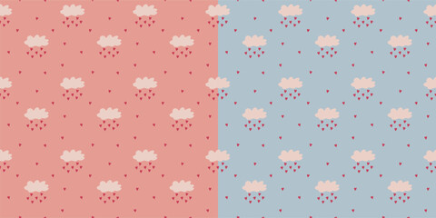 Cute and cozy seamless patterns with clouds and rain in the shape of hearts on pastel pink and blue backgrounds.