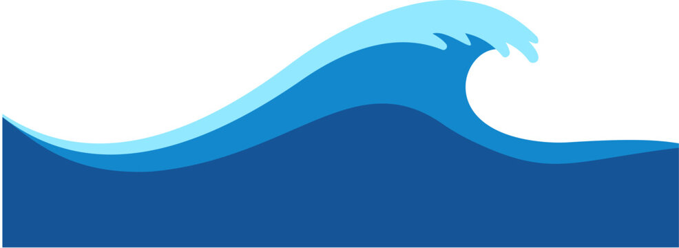 Ocean surfing wave, minimalist blue sea crest abstract flat vector background for banners.