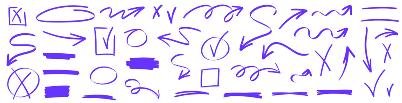 Sketchy arrow icons mixed with underline marks, textured marker lines and vivid highlight strokes. Each arrow blends underline with marker contrast and highlight brush softness.