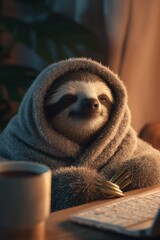 Obraz premium Cozy Sloth Wrapped in Blanket with Keyboard and Coffee in Warm Morning Light