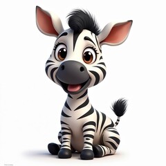 Obraz premium Happy cartoon zebra with big eyes and smiling expression sits on white background. Young equine mammal with black stripes wears funny hairstyle.