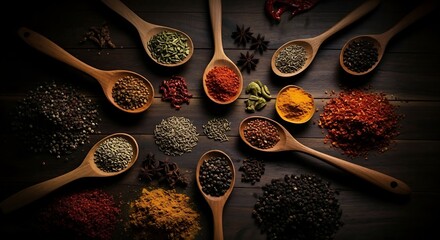 Arrangement of various colorful spices and herbs in wooden spoons on a dark rustic surface