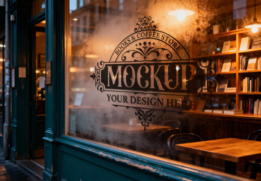 Window Display Mockup on Steamy Glass of Cozy Rustic Urban Storefront