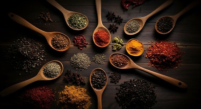 Arrangement of various colorful spices and herbs in wooden spoons on a dark rustic surface