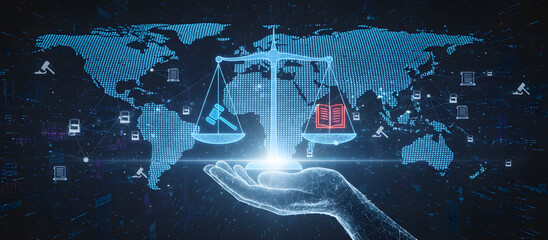 cybersecurity law and data protection symbol with glowing balance scale in virtual world