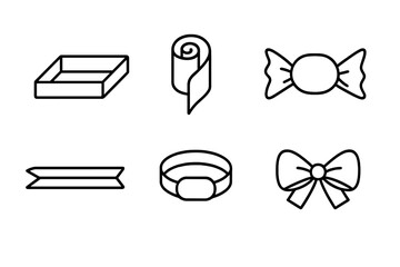 Edible Gift Packaging Icons. Line style icons of edible gift packaging: cookie box base, fruit leather ribbon, sugar wrap layer,