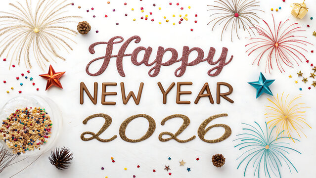 Festive New Year 2026 Celebration with Fireworks and Gold Confetti