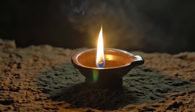 Prompt: A single, lit earthen oil lamp (diya) placed on a rough, ancient stone surface. The flame is warm, golden, and flickering, casting long, deep shadows in a completely dark environment.