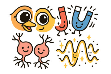 Fototapeta premium Dancing Neurons and Smiles. Playful doodle sensory organ close-up with happy animal eyes and beaks, cartoon magnetic particles