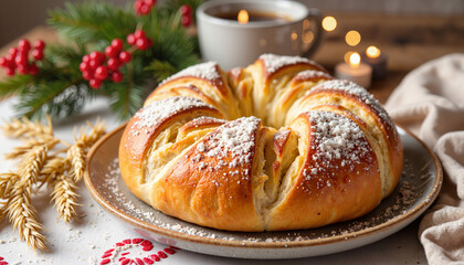 Festive Orthodox bread "Kulich" showcased on a decorated table, holiday spirit
