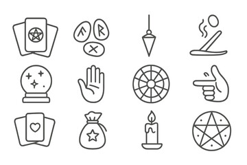 Fortune Ritual Icons. Line style icons of fortune rituals: tarot spread, rune stones, pendulum, incense smoke; crystal ball,