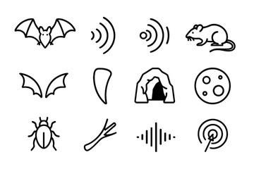 Nocturnal Hunting Icons. Line style icons of Nocturnal Hunting: Bat, Echolocation Wave, Echo, Prey Detection; Wings, Fang, Cave,