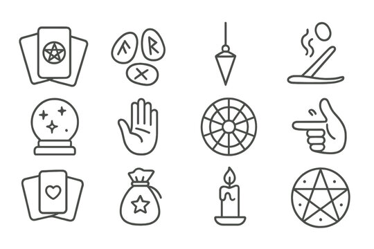 Fortune Ritual Icons. Line style icons of fortune rituals: tarot spread, rune stones, pendulum, incense smoke; crystal ball,