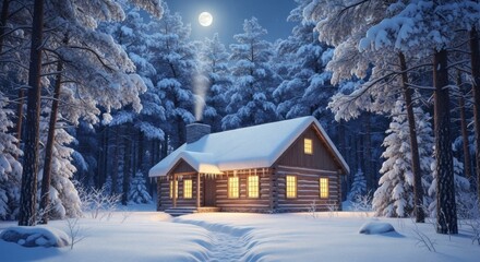 Cozy Cabin in Snowy Wonderland: Amidst a tranquil snow-laden forest, a warm, inviting cabin emits a gentle light, its chimney releasing a wisp of smoke under the moonlight.