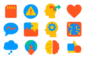 Cognitive Icons Collection. Flat vector icons of cognitive processes affected by culture: memory, attention, decision making,