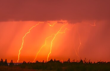 Lightning storm in the sky, lightning bolts in the storm clouds