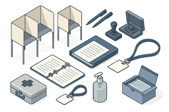 Election Day Essentials. Isometric vector illustration set Voting and elections – poll worker kit: privacy screens, pens, stamping - Powered by Adobe