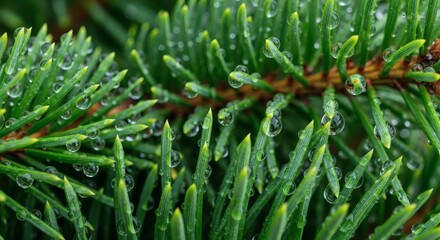 Dew-Kissed Pine Needles: A macro shot captures the intricate texture of pine needles adorned with glistening water droplets, offering a close-up glimpse into the delicate beauty of nature.