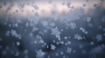 Snowflakes falling gently, each a unique crystalline wonder against a soft, blurred winter backdrop