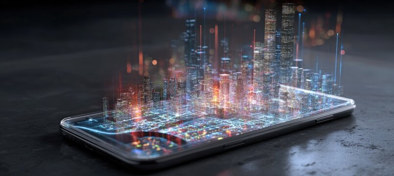Futuristic Transparent Smartphone with Holographic Map and Digital City Skyline