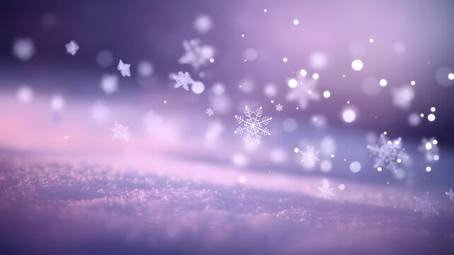 Soft purple winter wonderland scene with glowing snowflakes and beautiful bokeh lights. An abstract festive holiday concept