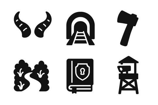 Cryptid Research Icons. Line style icons of Cryptid Research: Goatman horns, railway tunnel, axe icon, urban legend book,