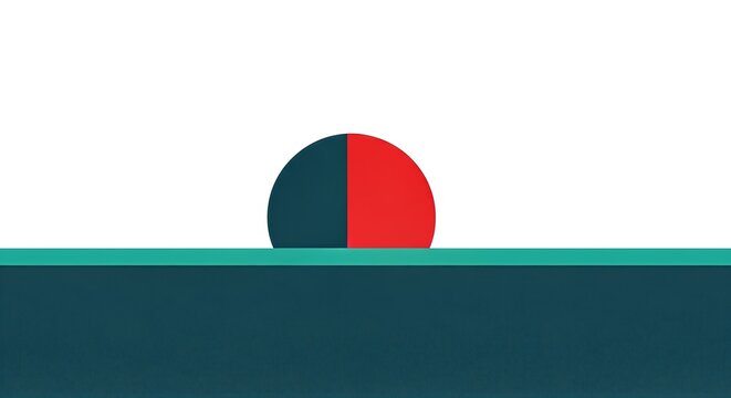 A minimalist abstract illustration of a half-submerged sun with split colors over a calm teal sea. - Powered by Adobe