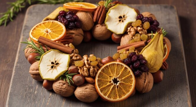 Festive dried fruits wreath: A beautifully arranged wreath composed of dried fruits and nuts, exuding rustic charm and holiday cheer, perfect for seasonal decorations. - Powered by Adobe
