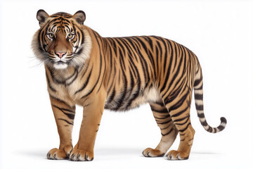 Bengal tiger staring ahead on white background