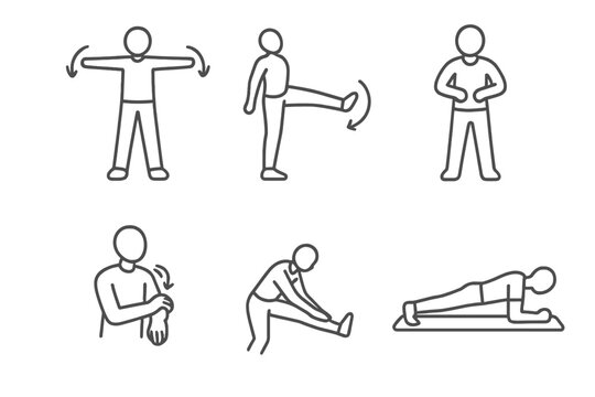 Aerial Exercise Icons. Line style icons of aerial warm-up exercises: arm circles motion, leg swings stretch, shoulder roll prep,