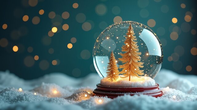 Christmas Snow Globe with Xmas Background.  Vintage Retro New Year decorations postcard backdrop. Generative AI.

