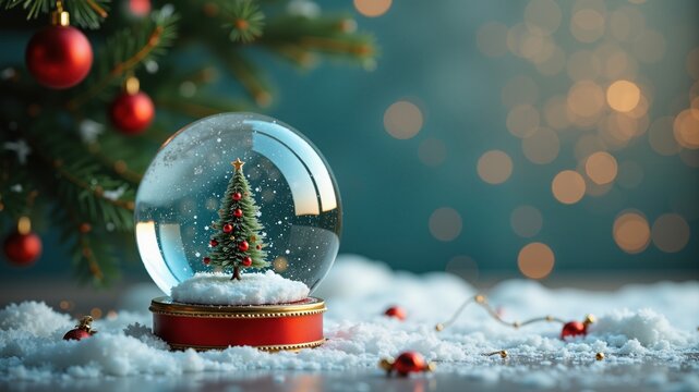 Christmas Snow Globe with Xmas Background.  Vintage Retro New Year decorations postcard backdrop. Generative AI.
