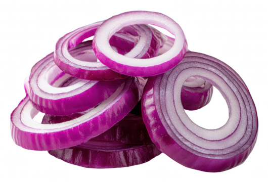 Red onion rings, isolated on transparent background, fresh sliced vegetables, vibrant purple color, sharp detail