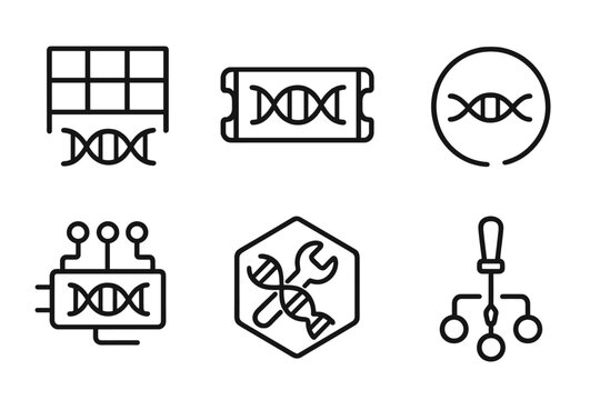 Modular Biology Icons. Line style icons of bio-bricks and modular biology: genetic parts registry, standardized gene block,