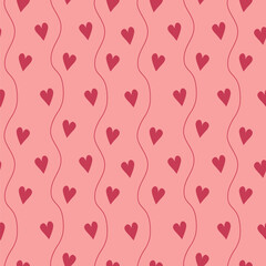 Cute and romantic vector seamless pattern with hearts and wave lines on pink background.