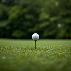 A white golf ball is on a tee, set against a bokeh of green trees on a lush green golf course.