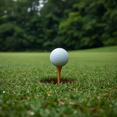 A white golf ball is on a tee, set against a bokeh of green trees on a lush green golf course.