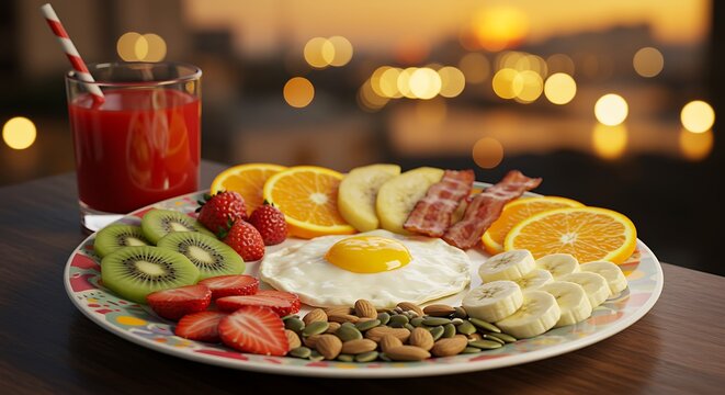 Delicious and Colorful Breakfast Plate with Fruits Eggs Bacon and Juice