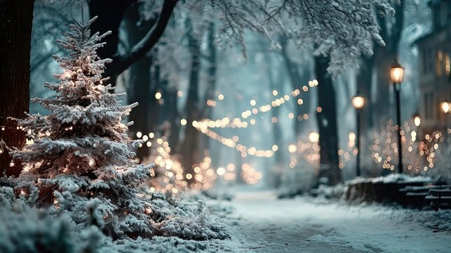Christmas tree covered in snow with garland lights and winter background, widescreen holiday scene