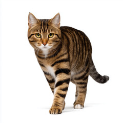 Tabby cat walking forward on white background
