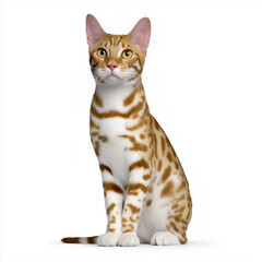 Spotted domestic cat sitting isolated on white