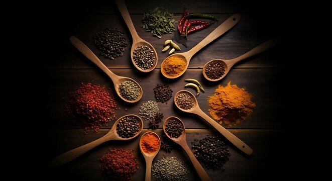Assortment of colorful spices and herbs in wooden spoons arranged on a dark rustic surface