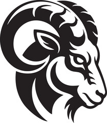 A strong ram head showing off its impressive horns is presented in black silhouette