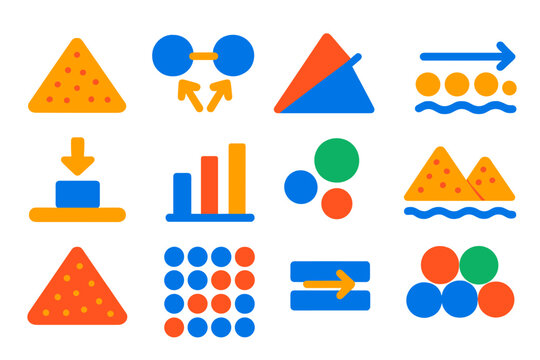 Granular Material Icons. Flat vector icons of granular material properties: sand particle, cohesion icon, angle of repose, flow