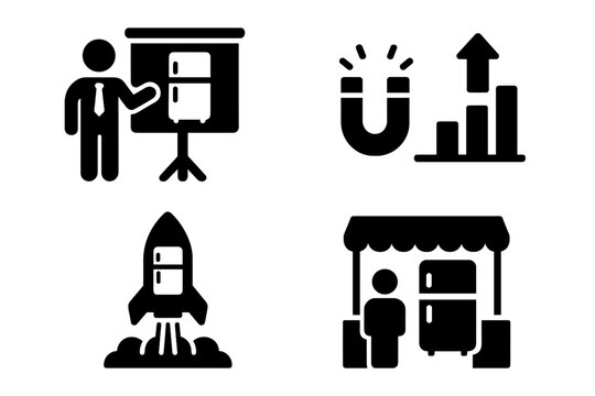 Startup Icons Showcase. Solid style icons of startup and commercialization: business pitch with fridge icon, investment chart for