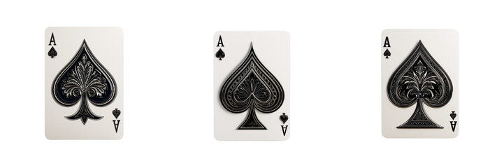 Set of Ace of Spades playing card on white background, subtle shadow underneath, clean and bright composition on transparent png background. Ai generated