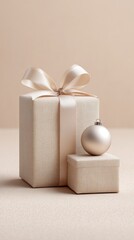 White box with a ribbon on top of a white box with a silver ball on top