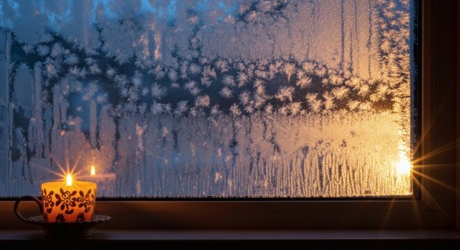 Candlelight Winterscape: A warm candle illuminates a frosty window pane, the soft glow accentuating the intricate ice formations and creating a cozy and intimate winter scene.  - Powered by Adobe