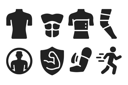 Pneumatic Therapy Icons. Solid style icons of pneumatic therapy for men: masculine torso glyph, abdominal tone arc, chest wrap