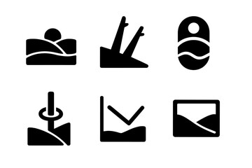 Optical Illusion Icons. Solid style icons of optical illusions at hills: horizon trick glyph, angled trees icon, strange badge.